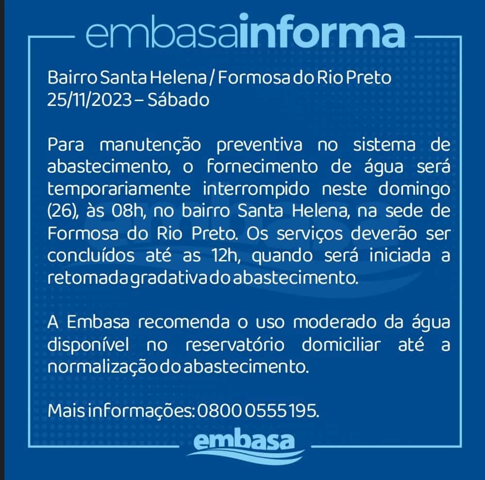 Abastecimento de água, Santa Helena, Formosa do Rio Preto, Bahia, Embasa,  Suspensão de abastecimento,Santa Helena