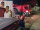 Imagem mostra foto de filho abraçado a mãe e por trás aparece uma viatura do Corpo de Bombeiros durante incêndio em rua da cidade de Paulo Afonso, na Bahia