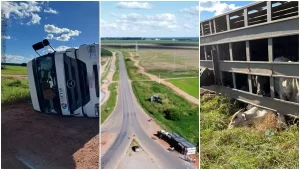 Imagens de 3 fotos mostram o tombamento de um caminhão boiadeiro na BA-460 em Barreiras, na Bahia