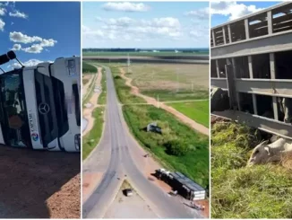 Imagens de 3 fotos mostram o tombamento de um caminhão boiadeiro na BA-460 em Barreiras, na Bahia