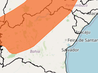 Imagem do mapa da Bahia do Inmet (instituto Nacional de Meteorologia) indica alerta laranja de chuvas intensas com ventos em regiões da Bahia