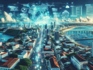 Vista aérea de Salvador com sobreposição digital simbolizando a manutenção de sites e a inovação tecnológica.