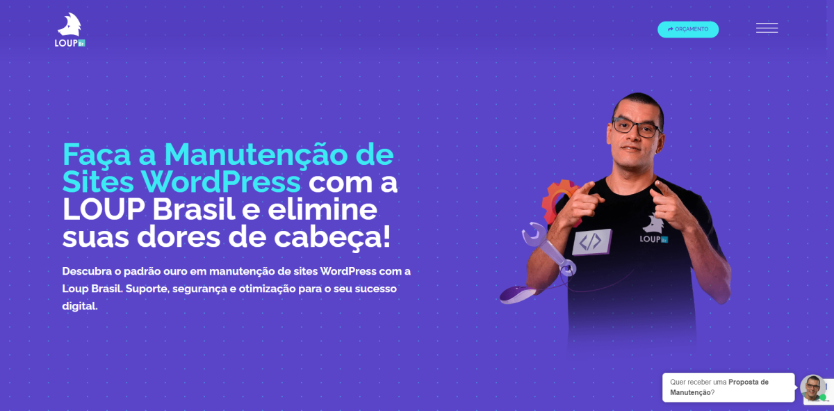 Empresário apontando para ferramentas de manutenção com o logo da Loup Brasil, promovendo serviços de manutenção de sites WordPress.