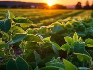"Plantas de soja em primeiro plano com o sol se pondo ao fundo, iluminando um campo agrícola, com o plano safra 2023/2024