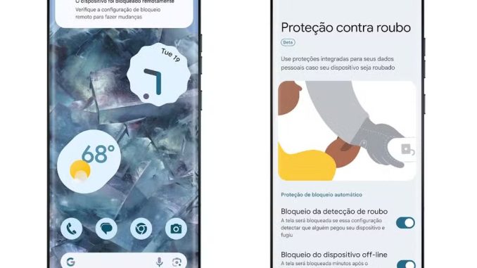 Tela de um celular Android exibindo o novo recurso antirroubo do Google, destacando as opções de bloqueio remoto e localização, oogle android funcao antirroubo