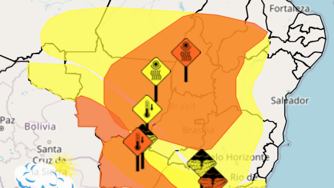 Mapa do INMET com áreas de alerta de baixa umidade no Oeste da Bahia.