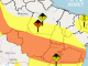 Mapa da Bahia com áreas em alerta amarelo e laranja de chuvas intensas, no Oeste e Sudoeste