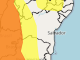 Mapa com alertas de chuvas intensas na Bahia nas cores laranja e amarelo