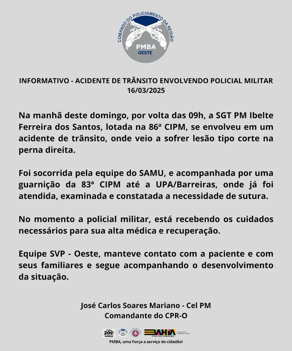 policial de Formosa do Rio Preto que sofreu acidente em Barreiras