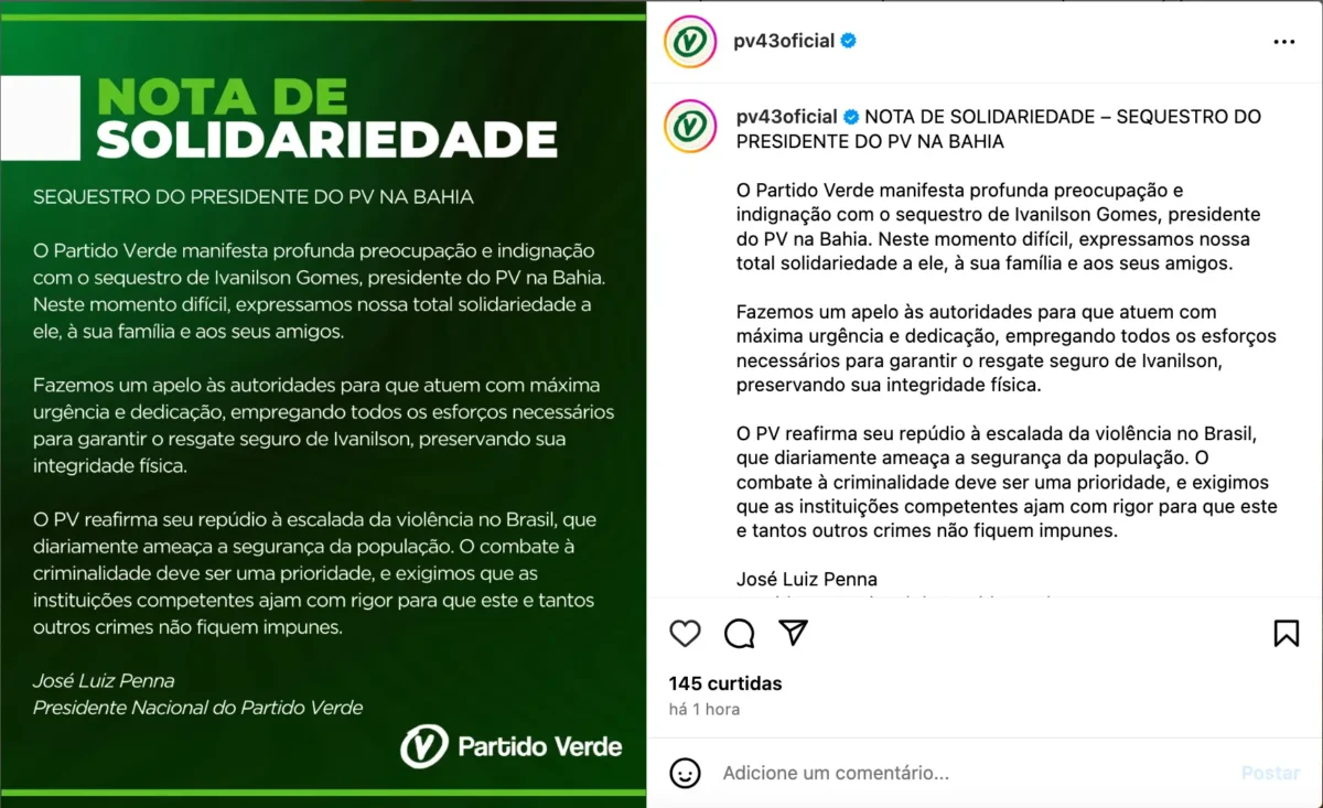 Nota de solidariedade do Partido Verde, após sequestro de Ivanilson Gomes, PV Sequestro Ivanilson, Bahia