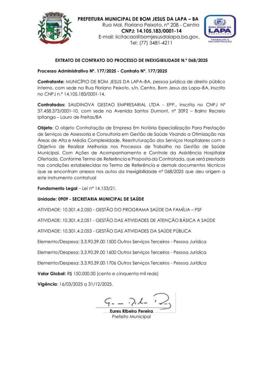 Contrato da Saudinova em Bom Jesus da Lapa, Bahia