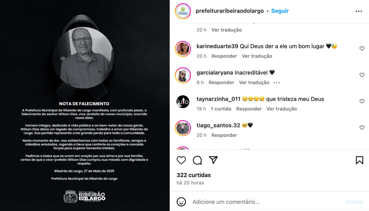 Wilson Dias, vice-prefeito de Ribeirão do Largo, Bahia, Falecimento, nota de pesar