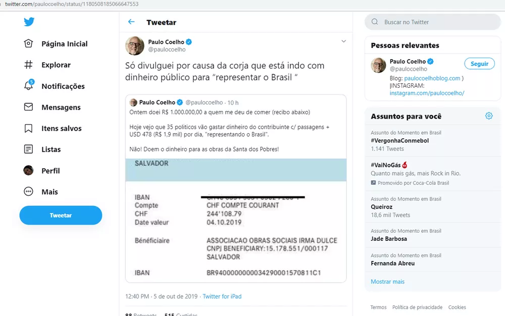 doação de Paulo Coelho, Obras sociais irmã Dulce