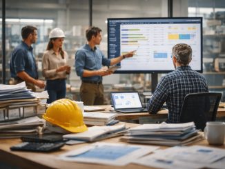 Equipe analisa dados em tela durante reunião de trabalho, com gestor sentado à mesa cercado por documentos e equipamentos de produção