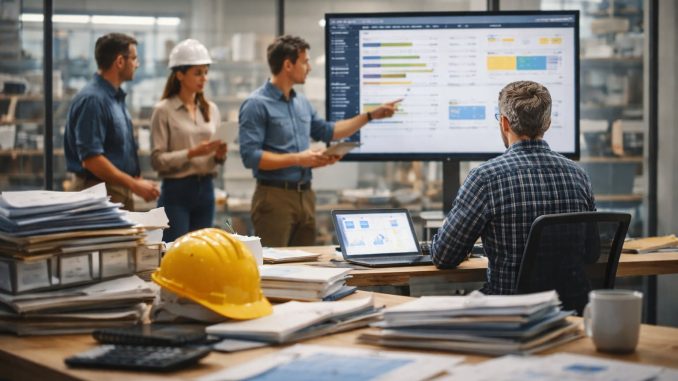 Equipe analisa dados em tela durante reunião de trabalho, com gestor sentado à mesa cercado por documentos e equipamentos de produção
