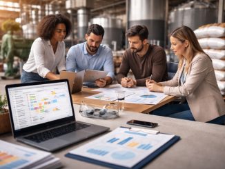 Profissionais reúnem-se em área industrial para analisar documentos e dados em laptops, com equipamentos e insumos ao fundo