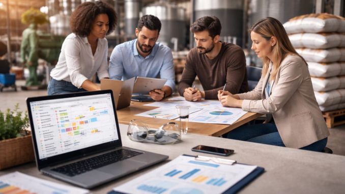 Profissionais reúnem-se em área industrial para analisar documentos e dados em laptops, com equipamentos e insumos ao fundo