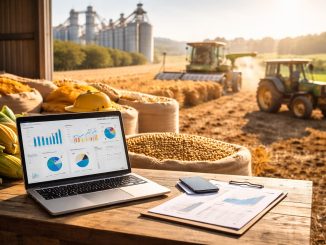 Mesa com computador exibindo relatórios ao lado de grãos armazenados, enquanto máquinas agrícolas operam ao fundo da propriedade