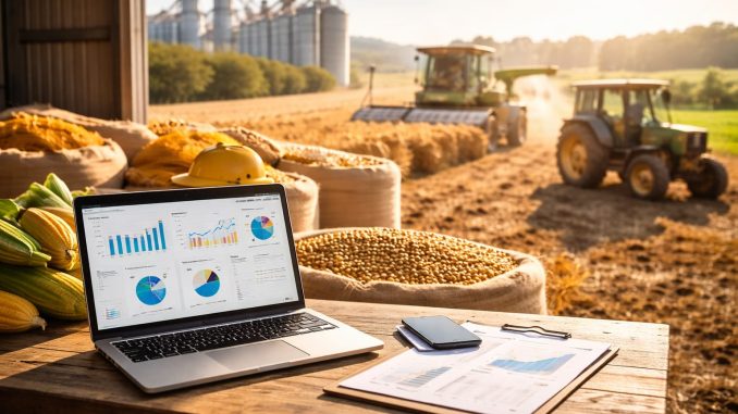 Mesa com computador exibindo relatórios ao lado de grãos armazenados, enquanto máquinas agrícolas operam ao fundo da propriedade